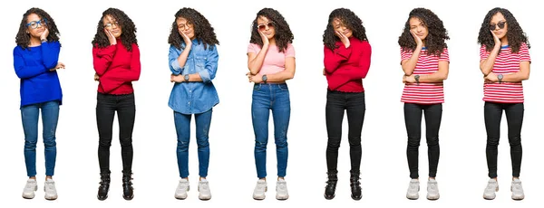 Collage Hermosa Mujer Joven Con Pelo Rizado Sobre Fondo Blanco —  Fotos de Stock