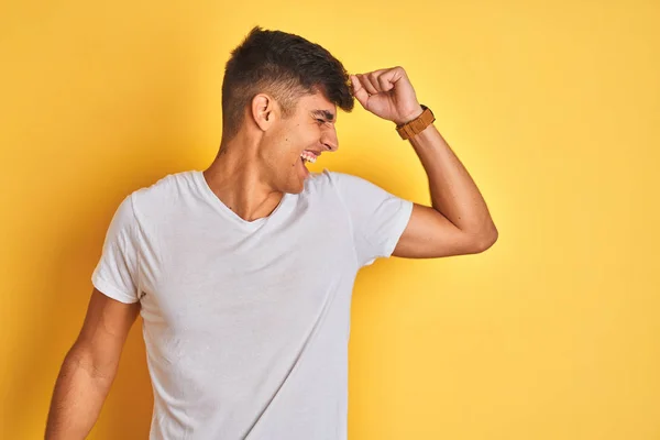 Young Indian Man Wearing White Shirt Standing Isolated Yellow Background — Stock Photo, Image