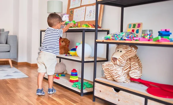 Beautiful Toddler Boy Standing Kindergarten Lots Toys — Stock Photo, Image