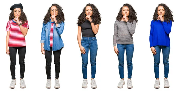 Collage Belle Jeune Femme Aux Cheveux Bouclés Sur Fond Blanc — Photo