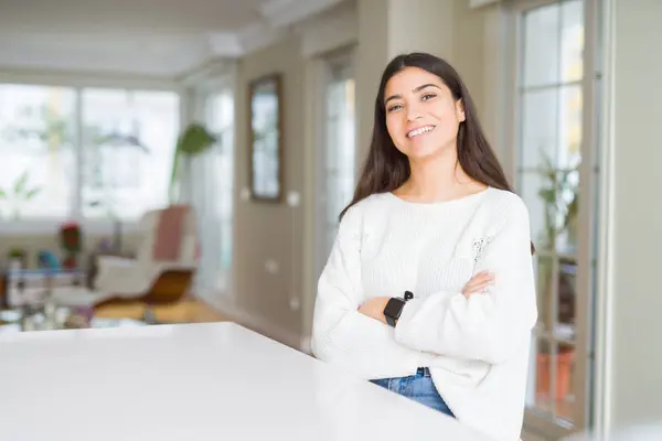 Young Beautiful Woman Home White Table Happy Face Smiling Crossed — Stock Photo, Image