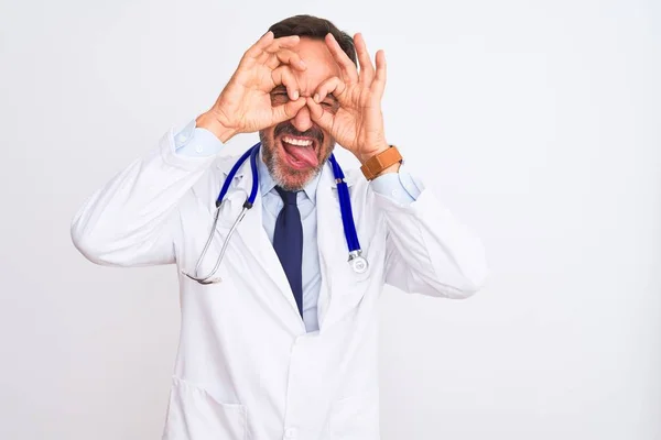 Middle Age Doctor Man Wearing Coat Stethoscope Standing Isolated White — Stock Photo, Image