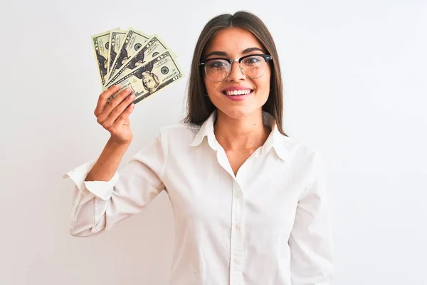 Mooie Zakenvrouw Het Dragen Van Een Bril Met Dollars Geïsoleerde — Stockfoto