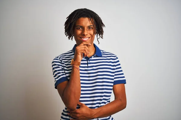 Afro Man Dreadlocks Wearing Striped Blue Polo Standing Isolated White — Stock Photo, Image