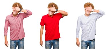 Collage of young bussines man with curly hair over isolated white background smiling and laughing with hand on face covering eyes for surprise. Blind concept.