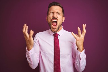 Şık gömlekli ve kravatlı genç iş adamı, mor izole edilmiş arka planda çılgın ve başarının kutlamasını yapıyor. Kollarını kaldırmış, gözlerini kapatmış heyecanlı çığlıklar atıyordu. Kazanan konsept