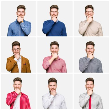 Beyaz izole arka plan üzerinde farklı görünüyor giyen yakışıklı genç iş adamı Kolaj çapraz kolları ve çene üzerinde kaldırdı el ile gülümseme ile kameraya emin görünümlü. Olumlu düşünme.