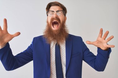 Genç, kızıl saçlı, takım elbiseli ve gözlüklü bir iş adamı çılgın ve çılgın başarısını kutluyor. Kolları havada ve gözleri kapalı, heyecanlı bir şekilde çığlık atıyor. Kazanan konsept