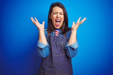 Mavi izole arka planda mağaza önlüğü giymiş genç ve güzel bir iş kadını kollarını kaldırmış ve gözleri kapalı heyecanla haykırarak başarının çılgınlığını kutluyor. Kazanan konsept