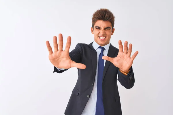 Jovem Empresário Bonito Vestindo Terno Sobre Fundo Branco Isolado Com — Fotografia de Stock