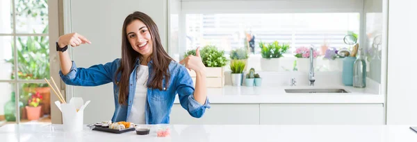 Wide Angle Picture Beautiful Young Woman Eating Delivery Sushi Looking — Stock Photo, Image