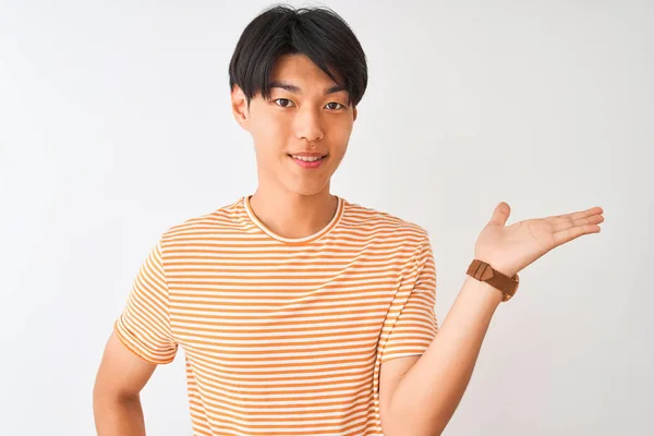 Young Chinese Man Wearing Casual Striped Shirt Standing Isolated White — Stock Photo, Image