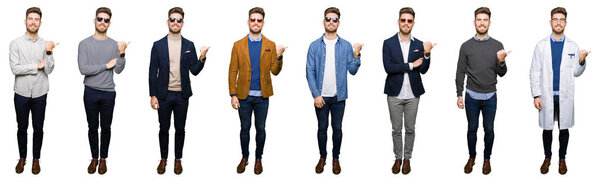 Collage of handsome young business man wearing different looks over white isolated background smiling with happy face looking and pointing to the side with thumb up.