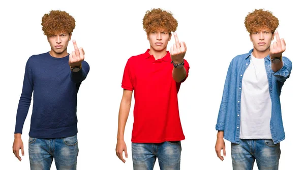 Collage Young Man Wearing Different Looks Isolated White Background Showing — Φωτογραφία Αρχείου