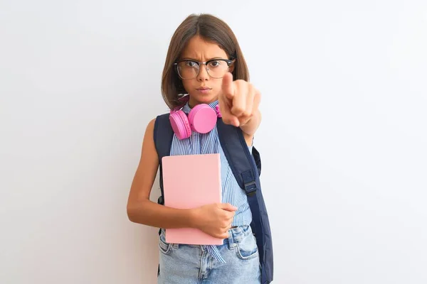 Studentenkind Mit Rucksackbrille Buch Kopfhörer Über Isoliertem Weißem Hintergrund Der — Stockfoto