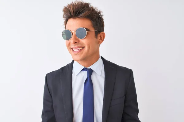 Young Handsome Businessman Wearing Suit Sunglasses Isolated White Background Looking — Stock Photo, Image