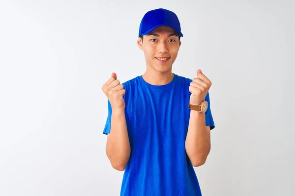 Der Chinesische Lieferant Blauem Shirt Und Mütze Steht Vor Isoliertem — Stockfoto