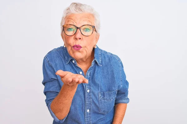 Senior Mujer Pelo Gris Con Camisa Mezclilla Gafas Sobre Fondo — Foto de Stock