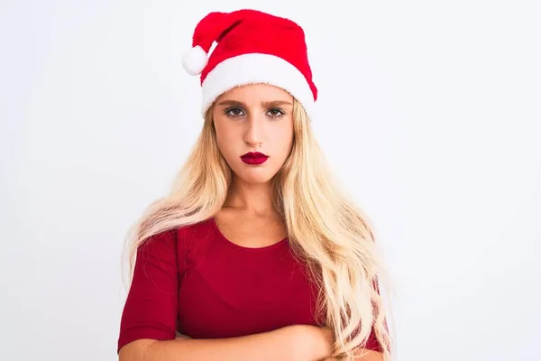 Joven Hermosa Mujer Con Sombrero Navidad Santa Sobre Fondo Blanco — Foto de Stock