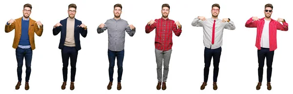Collage Joven Hombre Negocios Guapo Con Diferentes Miradas Sobre Fondo —  Fotos de Stock