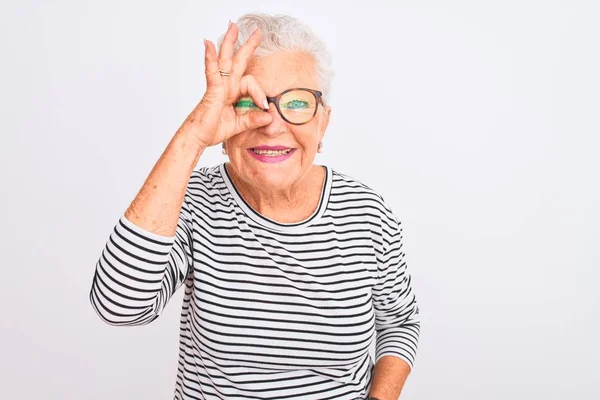 Senior Mujer Pelo Gris Con Rayas Color Azul Marino Gafas —  Fotos de Stock