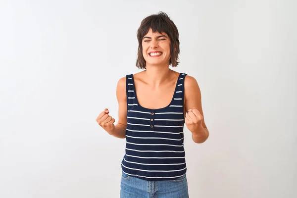 Young Beautiful Woman Wearing Striped Shirt Standing Isolated White Background — Stock Photo, Image