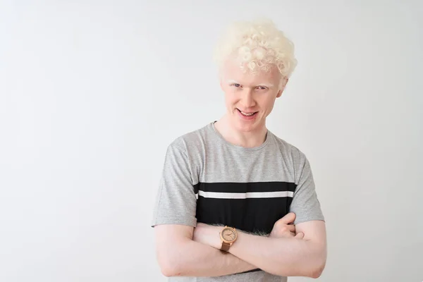 Ung Albino Blond Man Bär Casual Shirt Stående Över Isolerad — Stockfoto