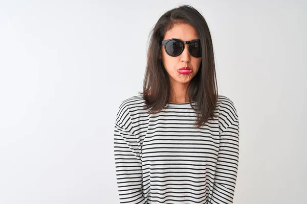 Chinese Woman Wearing Striped Shirt Sunglasses Standing Isolated White Background — Stock Photo, Image