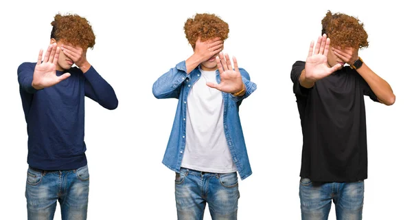 Colagem Homens Jovens Com Cabelos Encaracolados Sobre Fundo Branco Isolado — Fotografia de Stock