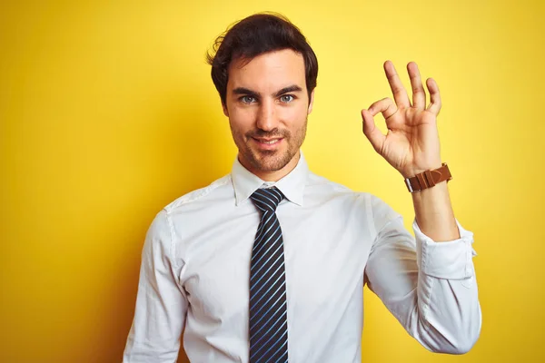 エレガントなシャツを着て 手と指でOkサインを行う肯定的な笑顔孤立した黄色の背景の上にネクタイ若いハンサムなビジネスマン 成功した表現 — ストック写真