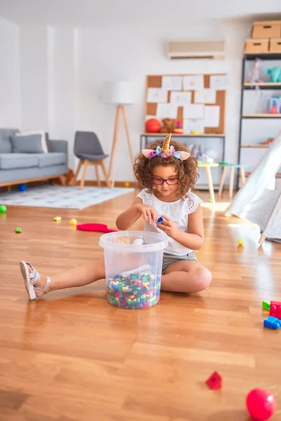 Beautiful Toddler Wearing Glasses Unicorn Diadem Sitting Floor Playing Building — Stock Photo, Image