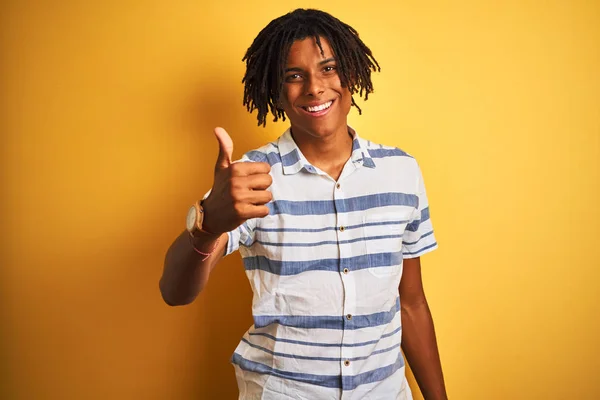 Afro American Man Dreadlocks Wearing Striped Shirt Isolated Yellow Background — Stock Photo, Image