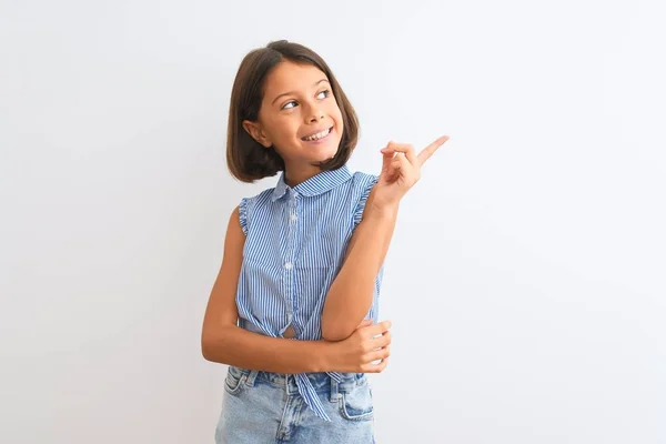 Jovem Menina Bonita Vestindo Camisa Casual Azul Sobre Fundo Branco — Fotografia de Stock