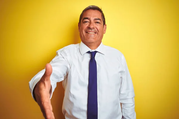 Przystojny Biznesmen Średnim Wieku Stojący Nad Odizolowanym Żółtym Tle Uśmiechnięty — Zdjęcie stockowe