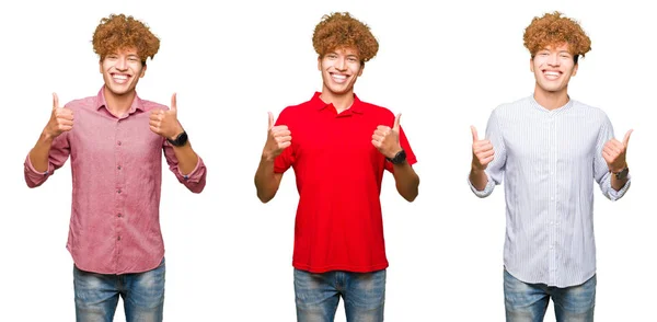 Collage Jóvenes Hombres Negocios Con Pelo Rizado Sobre Signo Éxito —  Fotos de Stock