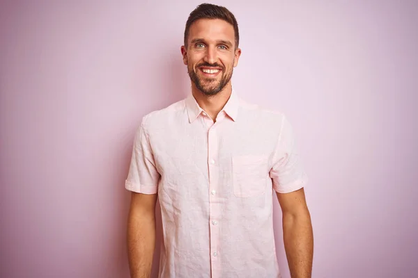 Young Handsome Man Wearing Elegant Summer Shirt Pink Isolated Background — Stock Photo, Image