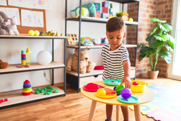 Beautiful Toddler Boy Playing Meals Plastic Plates Fruits Vegetables Kindergarten — Stock Photo, Image