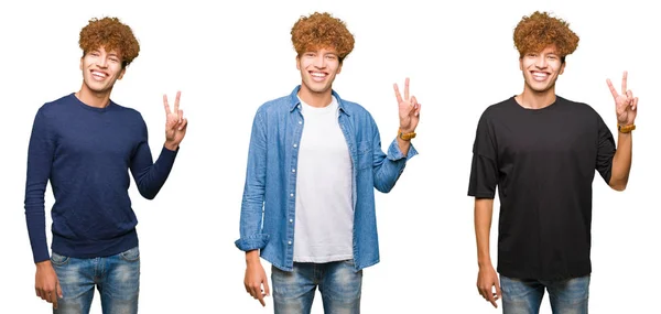 Koláž Mladých Mužů Kudrnatými Vlasy Izolovaném Bílém Pozadí Usmívající Veselou — Stock fotografie