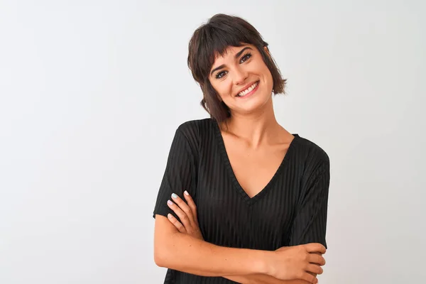 Young Beautiful Woman Wearing Black Shirt Standing Isolated White Background — Stock Photo, Image