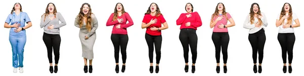 Collage Hermosa Mujer Joven Con Diferentes Miradas Sobre Fondo Blanco —  Fotos de Stock