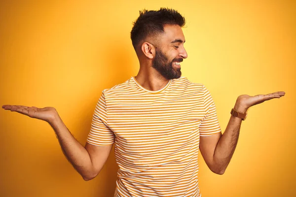 Young Indian Man Wearing Shirt Standing Isolated Yellow Background Smiling — 스톡 사진