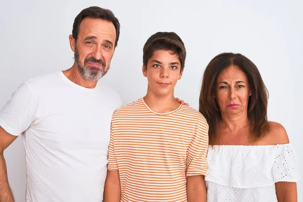 Family Three Mother Father Son Standing White Isolated Background Depressed — Stock Photo, Image