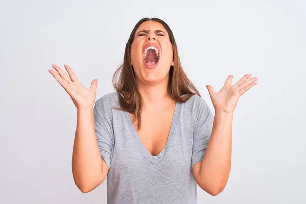 Portret Van Een Mooie Jonge Vrouw Die Een Geïsoleerde Witte — Stockfoto