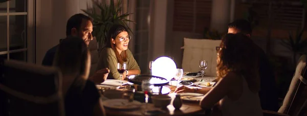 Beautiful Family Dinner Talking Smiling Terrace — Stock Photo, Image