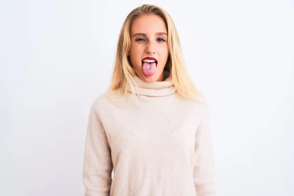 Young Beautiful Woman Wearing Turtleneck Sweater Standing Isolated White Background — Stock Photo, Image