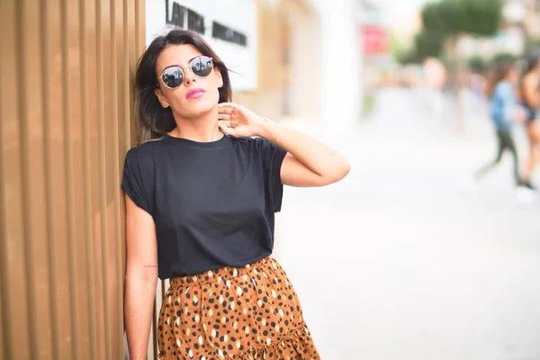 Young Beautiful Girl Wearing Sunglasses Shirt Animal Print Skirt Leaning — Stock Fotó