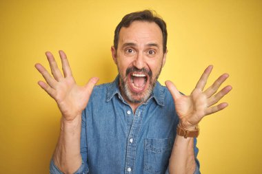 Yakışıklı, orta yaşlı, gri saçlı, izole edilmiş sarı arka planı olan, çılgın ve başarıyı kutlayan, kollarını kaldırmış ve gözleri açık, heyecanlı bir şekilde çığlık atan yaşlı bir adam. Kazanan konsept