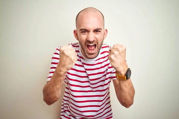 Young Bald Man Beard Wearing Casual Striped Red Shirt White — Stock Photo, Image
