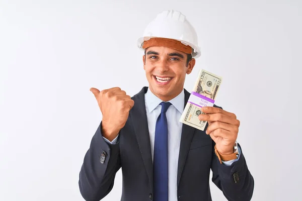 Young Handsome Architect Man Wearing Helmet Holding Dollars Isolated White — Stock Photo, Image