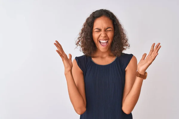 Jeune Femme Brésilienne Portant Une Robe Bleue Debout Sur Fond — Photo